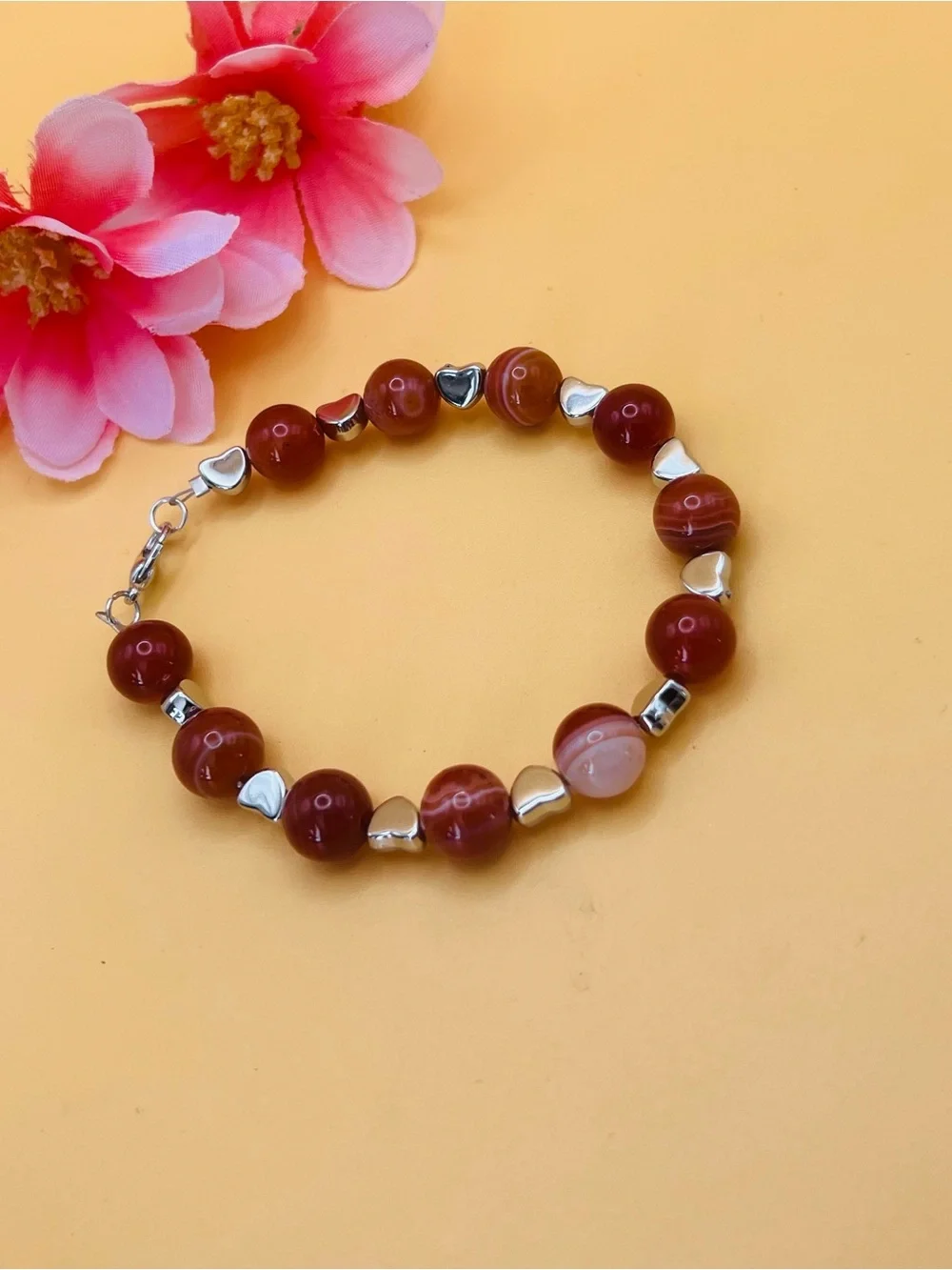 Agate Bead Bracelet with Silver heart Accents
